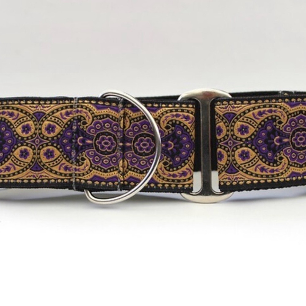 Beautiful Handmade Martingale Dog Collar 2” wide Sz. med Purple/Gold Kasmir